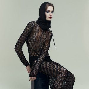 NWT ZARA METALLIC‎ THREAD BLACK BALACLAVA KNIT HOOD WITH DRAWSTRINGS